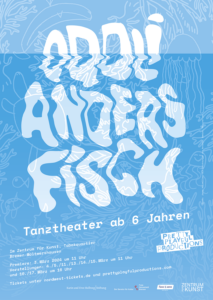 Blauer Hintergrund mit Grafiken von Algen, Quallen und Fischen, weiße Schrift mit Oddli Andersfisch auf den Hintergrund geschrieben.