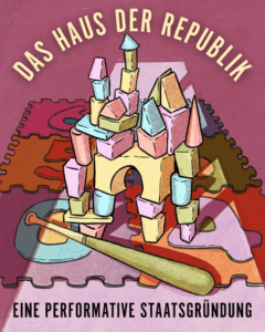 Eine bunte Grafik einer Zeichnung von einem großen Palast aus Bauklötzen.